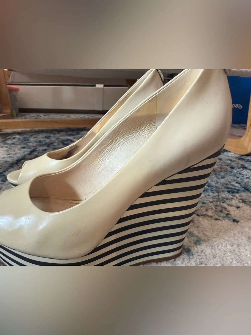Cream Striped Wedge Pumps - Women